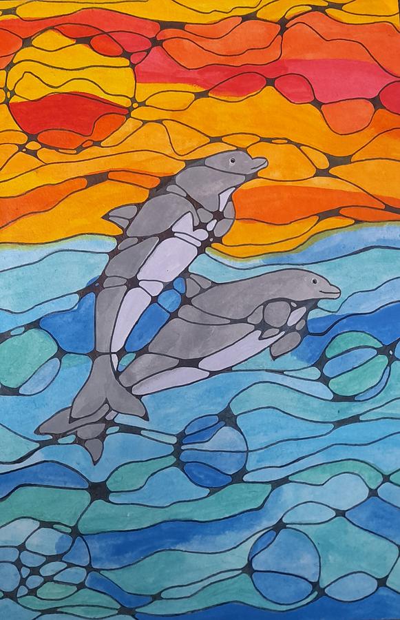 Dolphins twinning under the sun Mixed Media by Kiruthika S