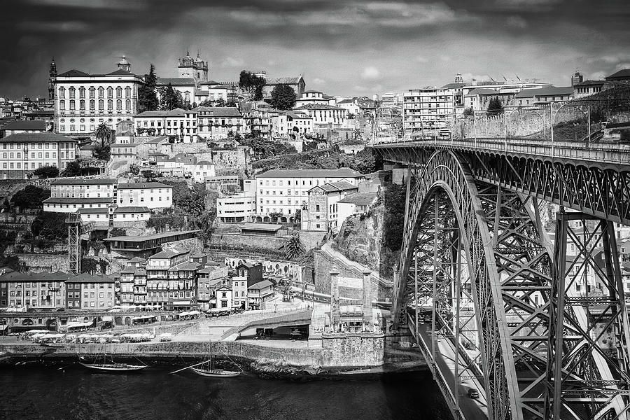 Dom Luis Bridge and The City of Porto Portugal Black and White Photograph by Carol Japp