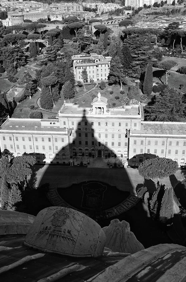 Dome of Saint Peter Shadow Cast Over Vatican City Gardens Rome Italy Black and White Photograph by Shawn OBrien