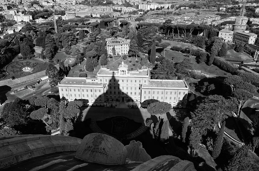 Dome of Saint Peter Shadow Over Vatican City Gardens Rome Italy Black and White Photograph by Shawn OBrien