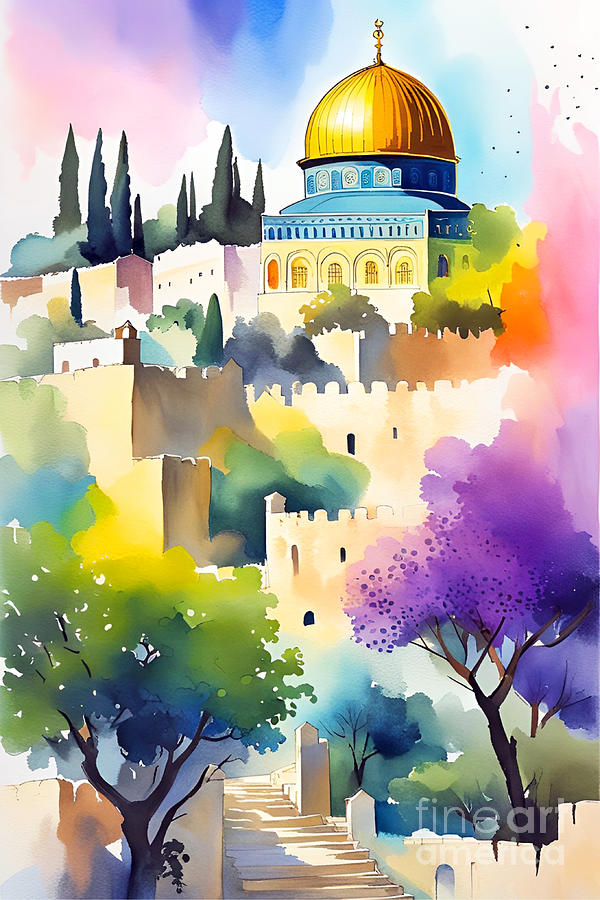 Dome of the Rock and Trees XIX Painting by Munir Alawi