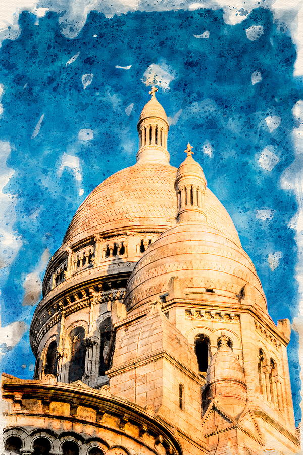 Domes of Sacred Heart of Montmartre at Sunset Watercolor Photograph by Luis G Amor - Lugamor