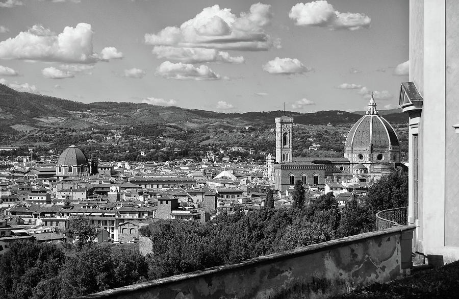 Domes of the Duomo and Baptistry from Boboli Gardens Observatory Florence Italy Black and White Photograph by Shawn OBrien
