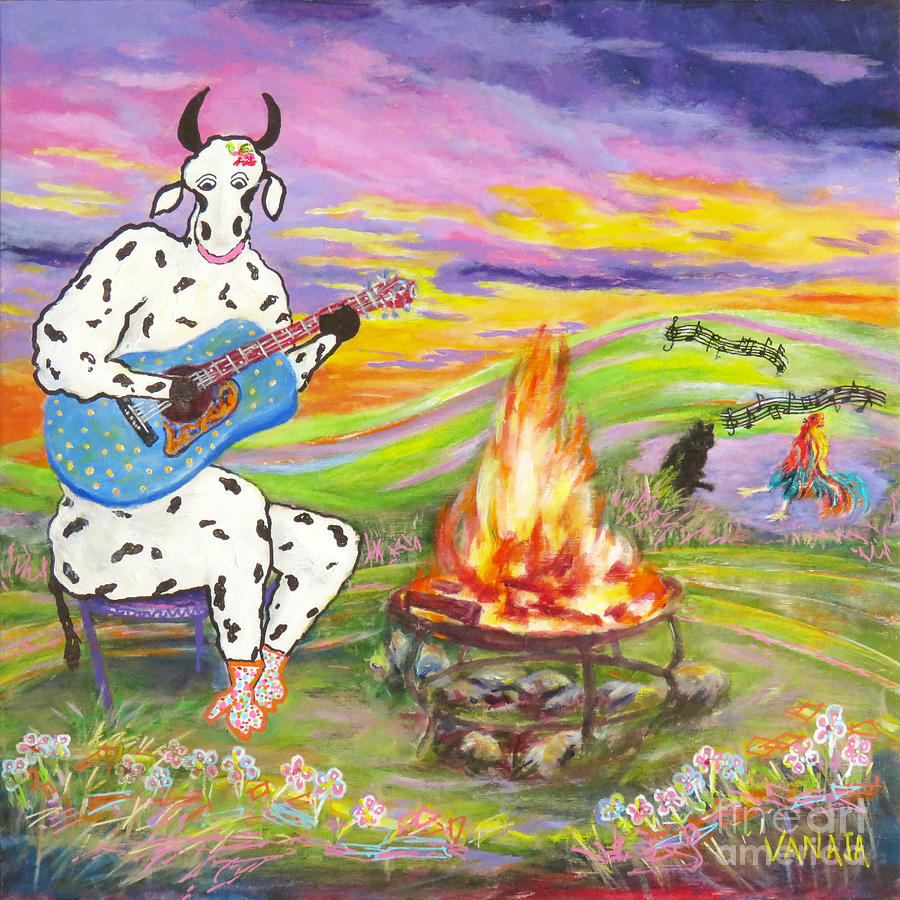 Domesticated Cow-24 Daisy Playing the Guitar  Painting by Vanajas Fine-Art