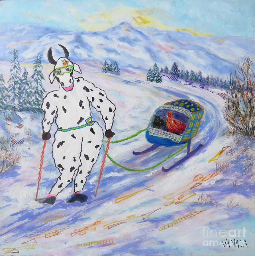 Domesticated Cow-25 Daisy, Spooky, Luigi on the Ski Hills Painting by Vanajas Fine-Art