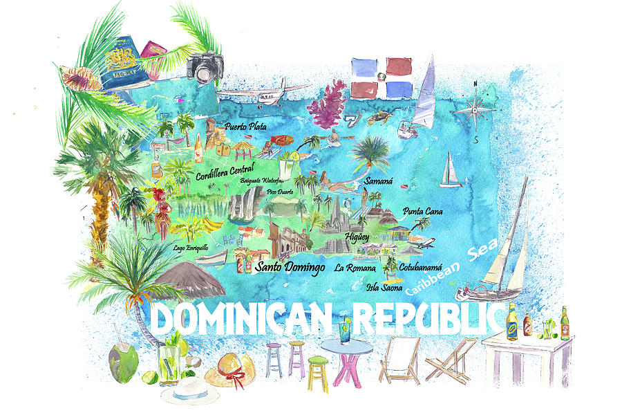 Dominican Republic Illustrated Travel Map with Roads and Highlights Painting by M Bleichner 