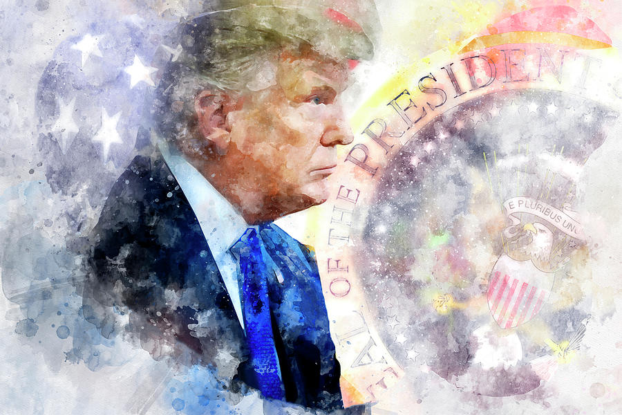 Donald Trump portrait watercolor American flag President seal Painting by SP JE Art