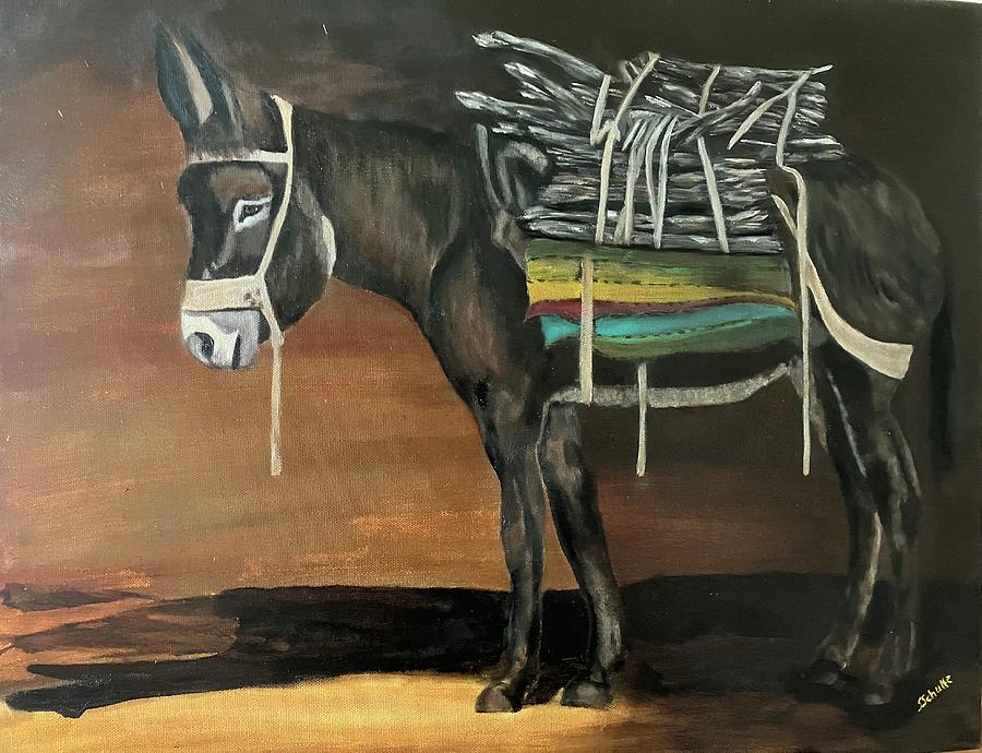 Donkey with blanket  Painting by Sharon Schultz