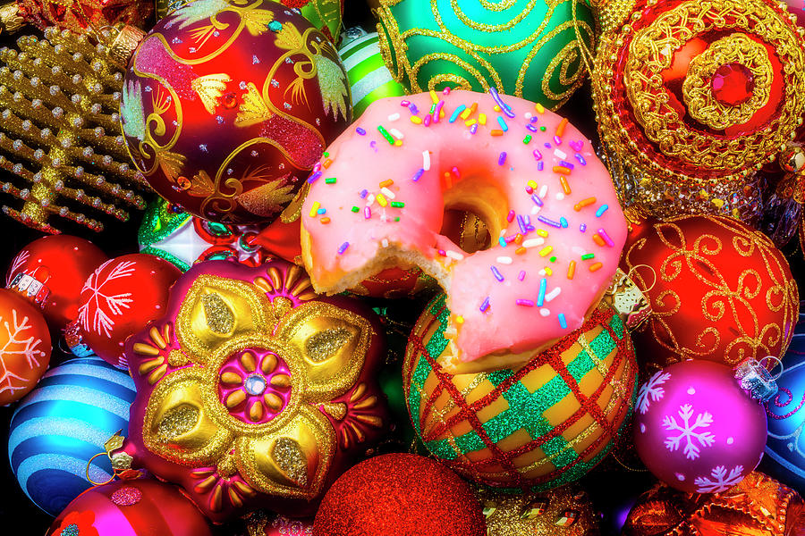 Donut And Christmas Ornaments Photograph by Garry Gay
