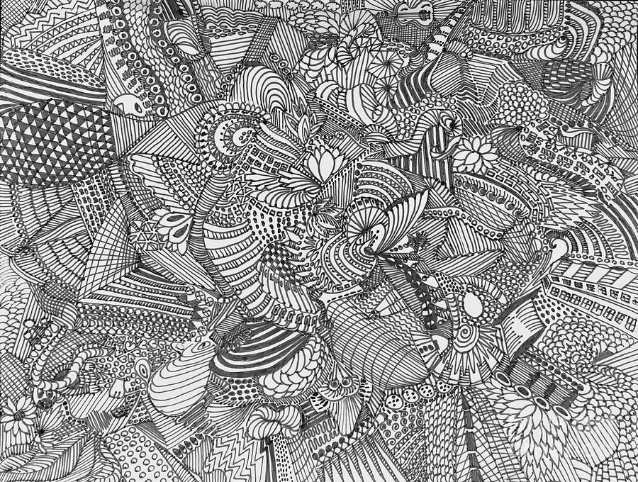 Lines and squiggles- black and white, ink drawing Drawing by Patty Donoghue