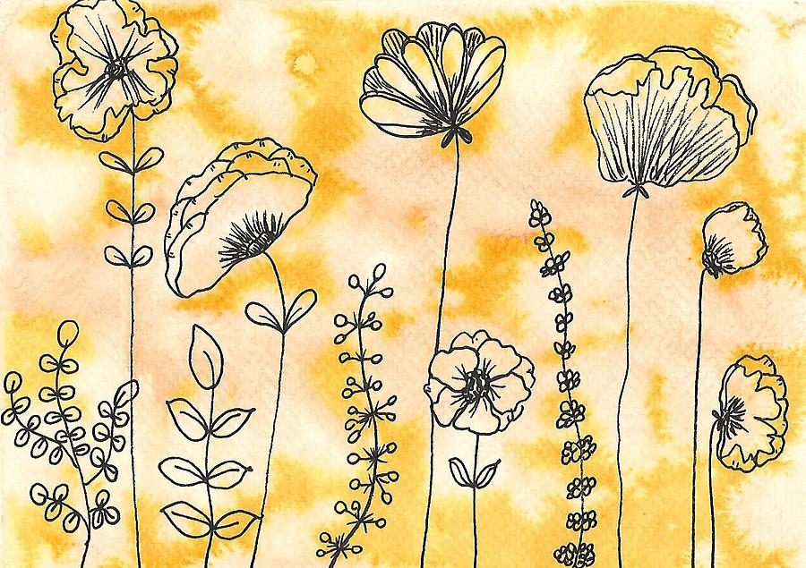 Flower Mixed Media - Doodle flowers on yellow by Michelle Ooley