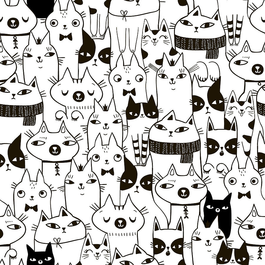 Doodle funny cats seamless pattern. Drawing by Julien - Fine Art America