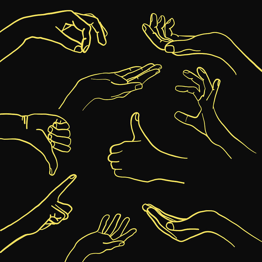 Vintage Digital Art - Doodle hand gestures set, Linear black yellow hands pattern by Mounir Khalfouf