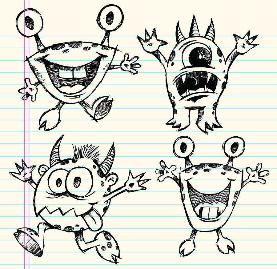 Doodle Sketch Monster Set Drawing by Misterelements