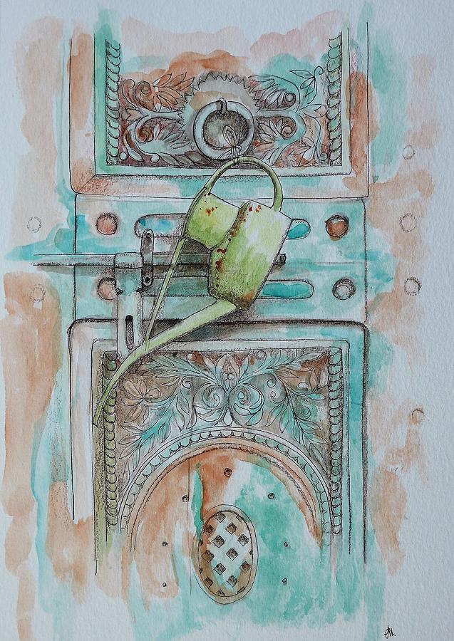 Door with watering can Mixed Media by Lisa Mutch