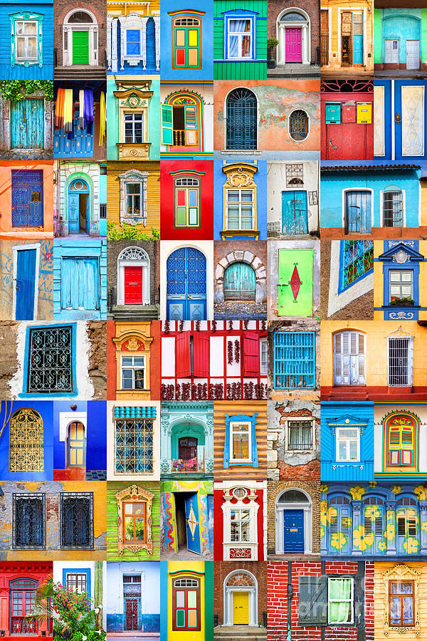 Doors and windows of the world, colorful collage Photograph by Delphimages Photo Creations