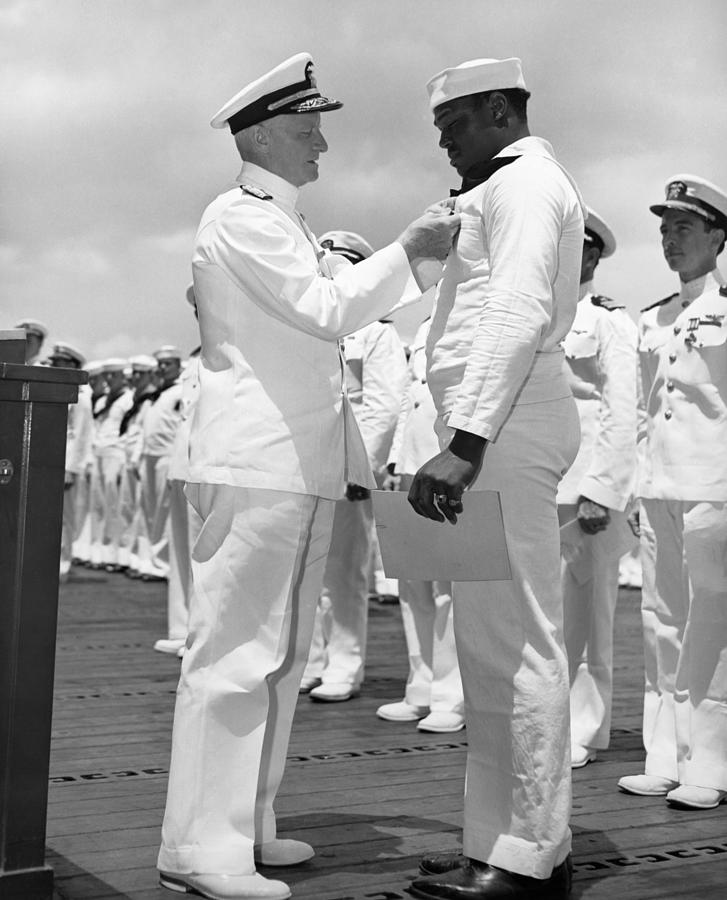 Dorie Miller Receiving Navy Cross From Admiral Nimitz - WW2 1942 Photograph by War Is Hell Store