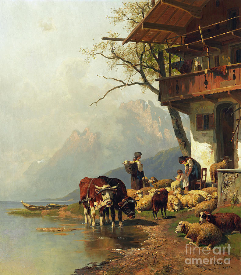 Dormant Sheep Herd in Front of the House at Bergssee Painting by Christian Freidrich Mali
