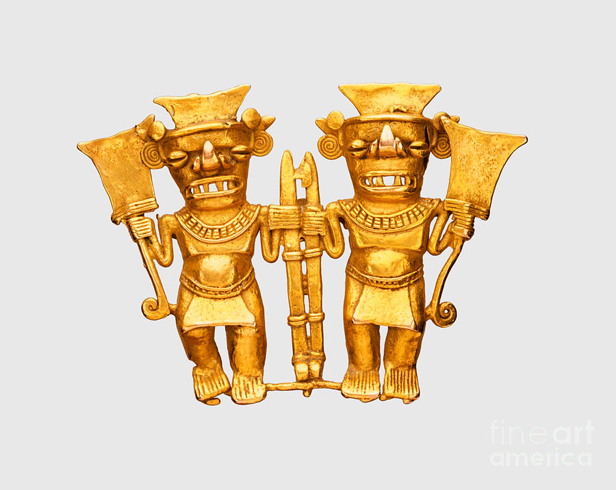 Double Bat Head Pre Columbian Chiriqui Tribal Warriors Gold with Spears and Clubs Sculpture by Peter Ogden
