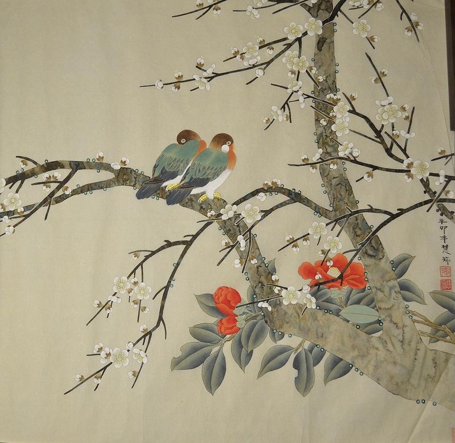 Double birds Painting by HuiZhen Zhang