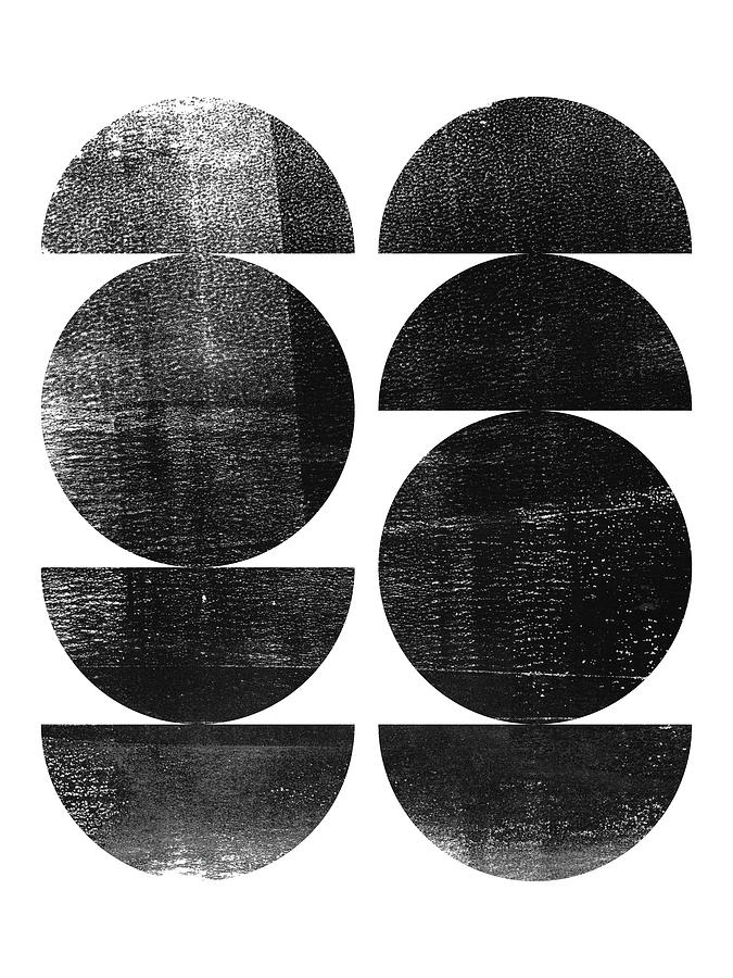 Double Circles Black and White Mid Century Modern Geometric Monotype Digital Art by Janine Aykens