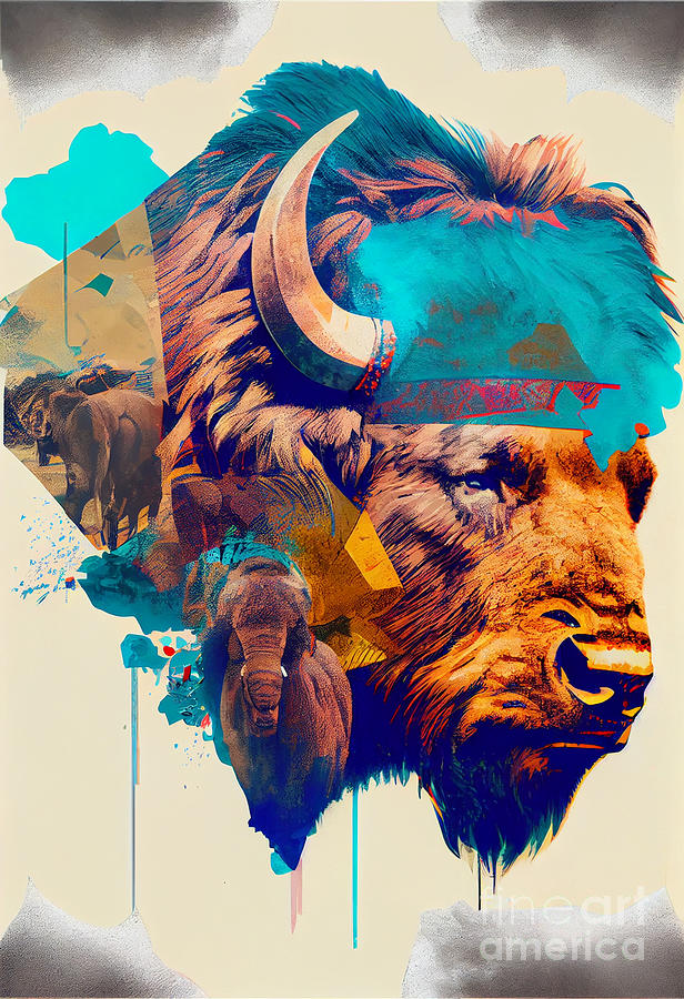 Fantasy Digital Art - Double  exposure  Collage  Buffalo  vs  native  Ameri  by Asar Studios by Celestial Images
