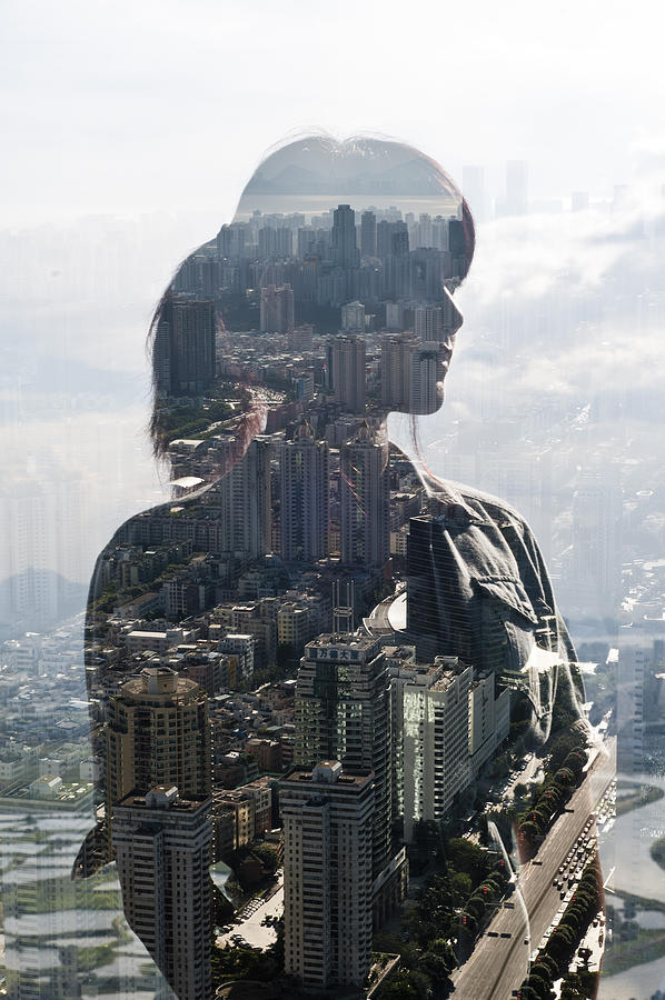 Double Exposure Of A Young Woman And Cityscape Photograph by Jasper James