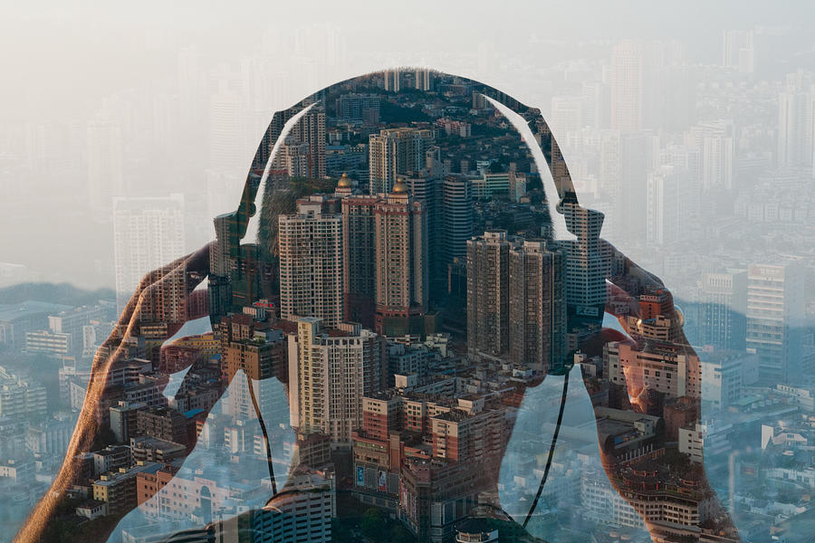 Double Exposure Of Man Listening To Head Phones An Photograph by Jasper James