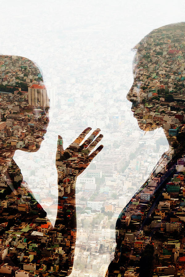 Double Exposure Of Two Women Talking And Cityscape Photograph by Jasper James