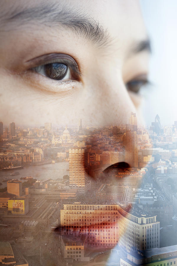 Double Exposure Of Young Womans Face And Cityscape Photograph by Jasper James