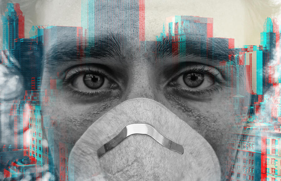Double exposure portrait of face of young man wearing face mask against virus epidemic and a New York City skyline Photograph by Busà Photography