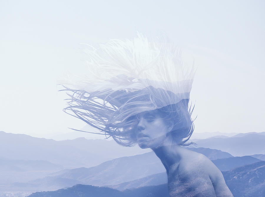 Double Exposure Portrait Of Young Girl And Blue Mountains Photograph by Vizerskaya