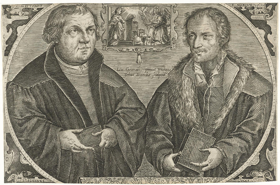 Double portrait of Martin Luther and Philipp Melanchthon with annunciation Drawing by Jan Diricks van Campen