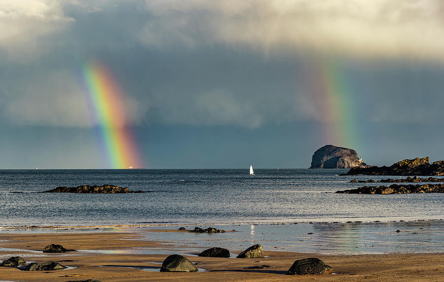 Beach Photograph - Double Rainbow, Bass Rock, Scotland by Sally Anderson