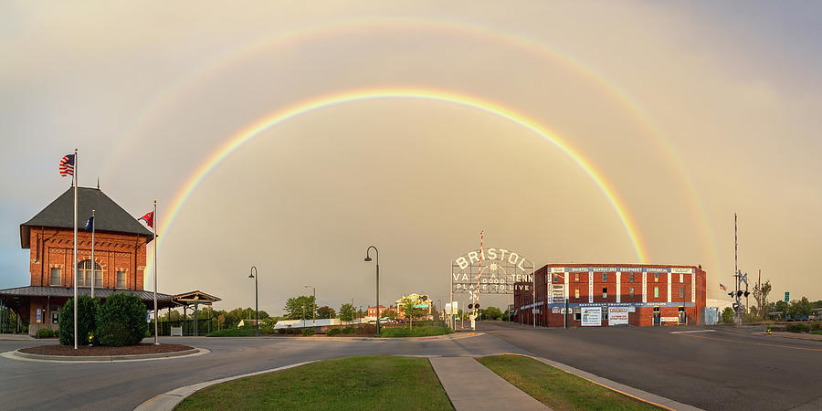 Double Rainbow over the Bristol Sign and Bristol Train Station Photograph by Greg Booher
