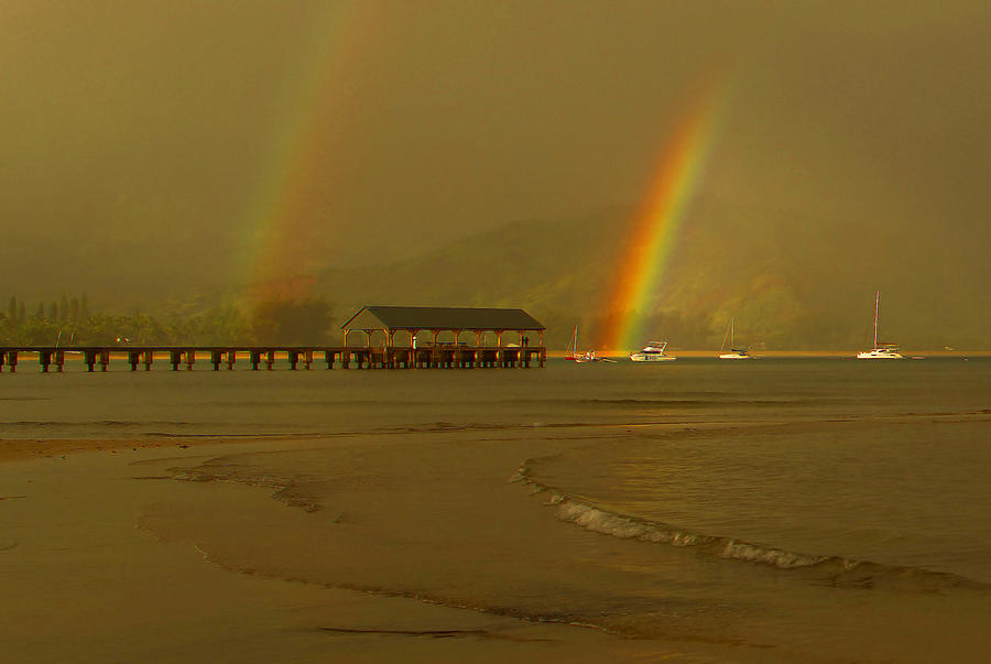 Nature Photograph - Double Rainbows Over Hanalei Bay by Stephen Vecchiotti