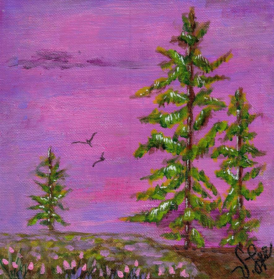 Douglas Firs---Magenta Skies Painting by VLee Watson