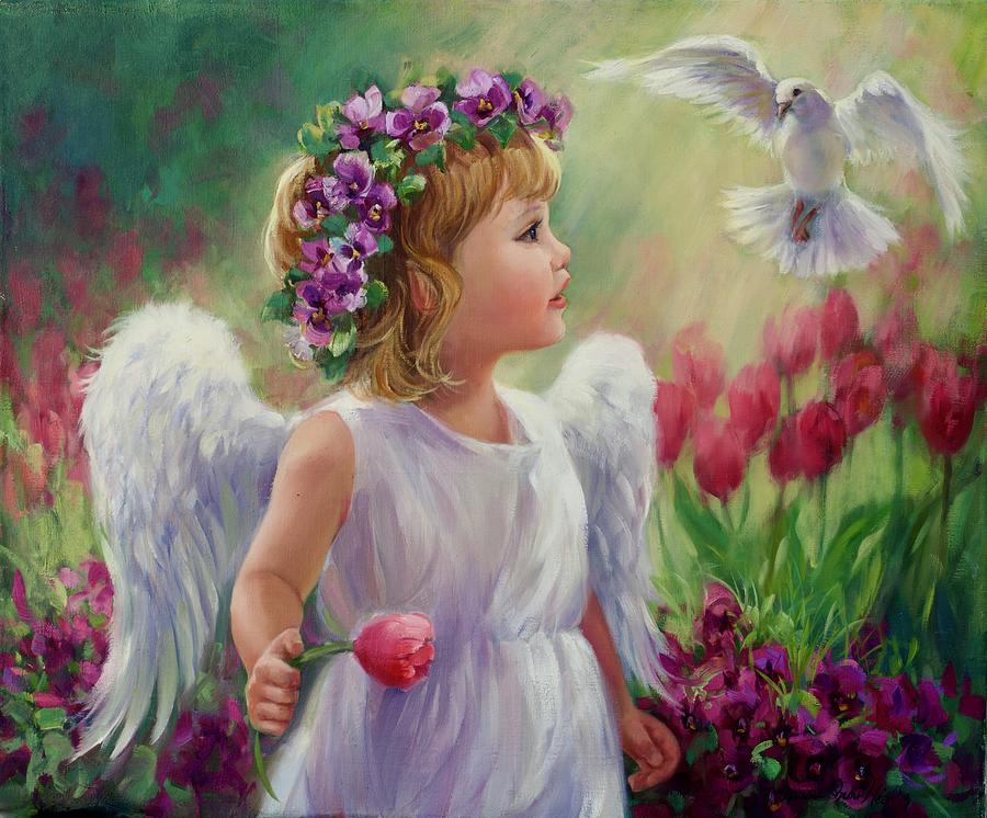 Dove Angel With Tulips Painting