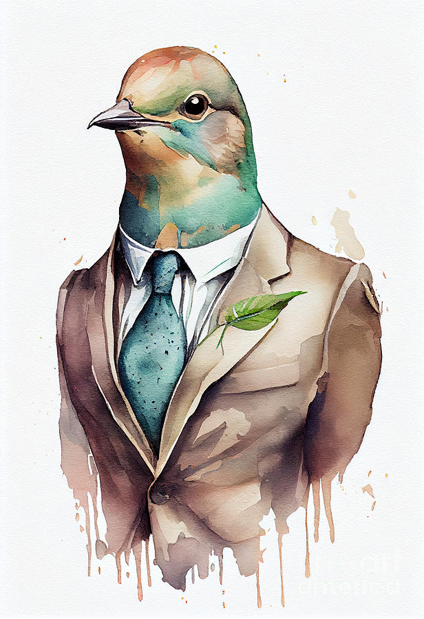 Dove Painting - Dove in Suit Watercolor Hipster Animal Retro Costume by Jeff Creation