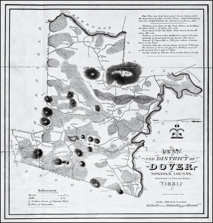 Dover Massachusetts Historical Map 1831 Black and White Photograph by ...