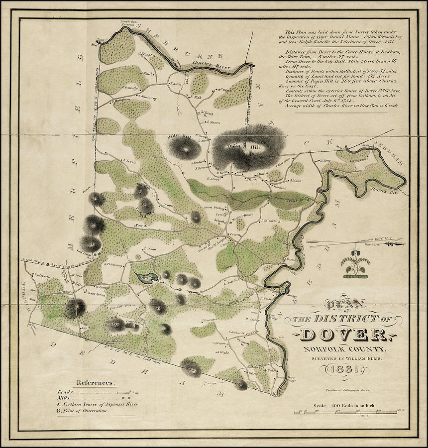 Massachusetts Map Photograph - Dover Massachusetts Historical Map 1831 by Carol Japp