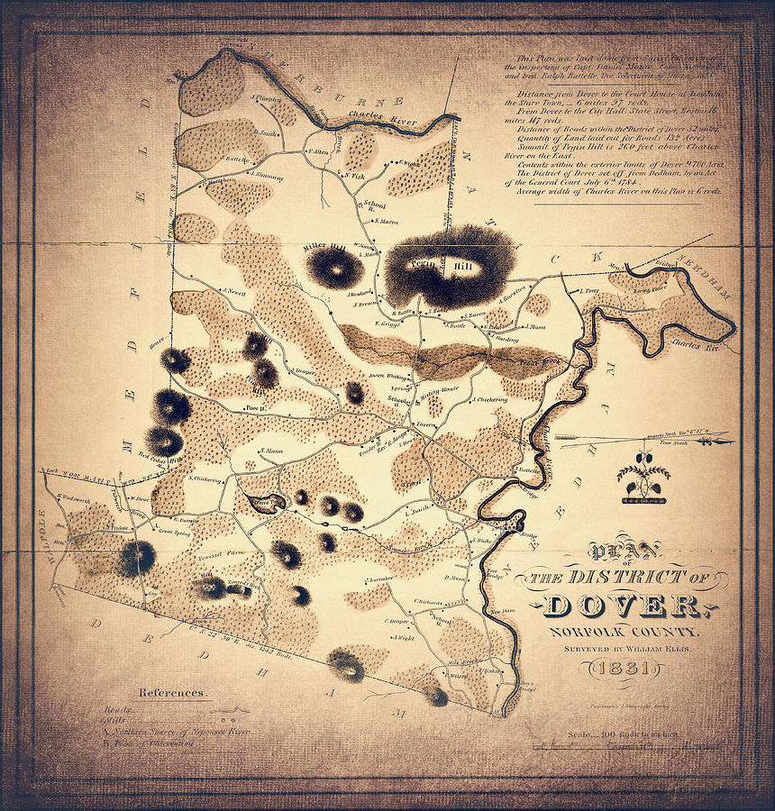Vintage Photograph - Dover Massachusetts Historical Map 1831 Sepia  by Carol Japp