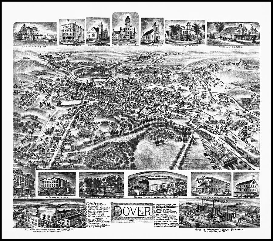 Dover New Jersey Vintage Map Aerial View 1903 Black and White 