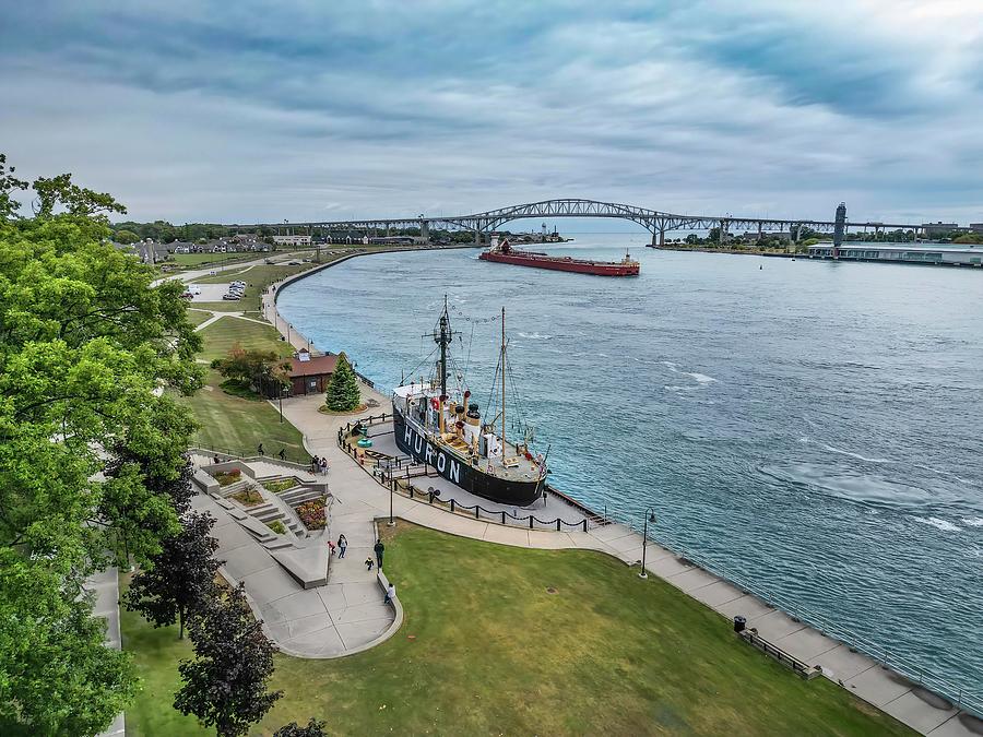Down bound freighter under the Blue Water Bridge DJI_0259 Photograph by Michael Thomas
