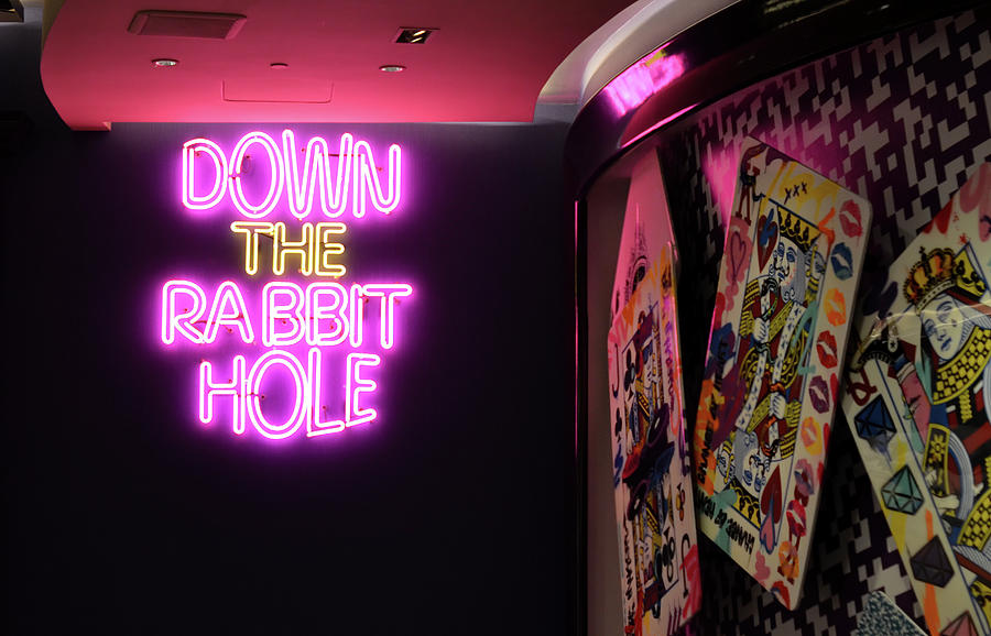 Down the Rabbit Hole Neon and Wonderland Poker Cards Pop Art Las Vegas Photograph by Shawn OBrien