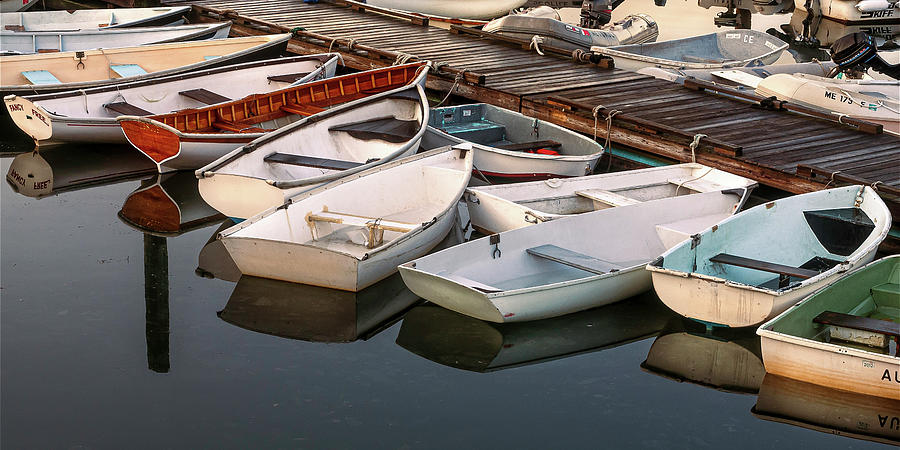 Boat Photograph - Downeast Maine Fishing Harbor Nautical - Dinghys Docked in the Bay by Photos by Thom