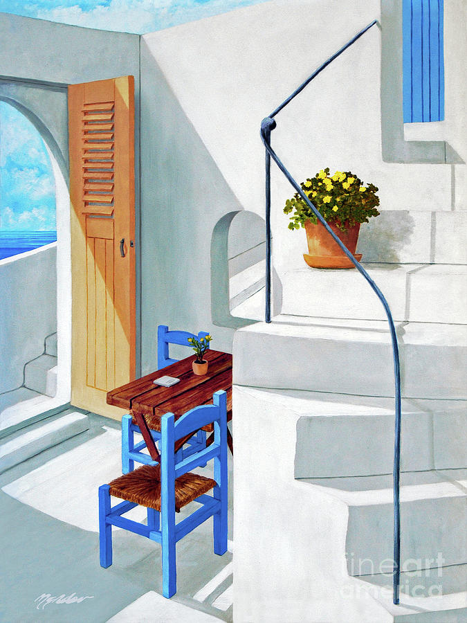 DOWNSTAIRS IN SANTORINI-prints of oil painting Painting by Mary Grden