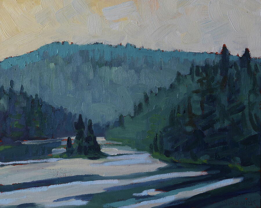 Downstream Dumoine with Pincushion Island and Overcast Cirrostratus Painting by Phil Chadwick
