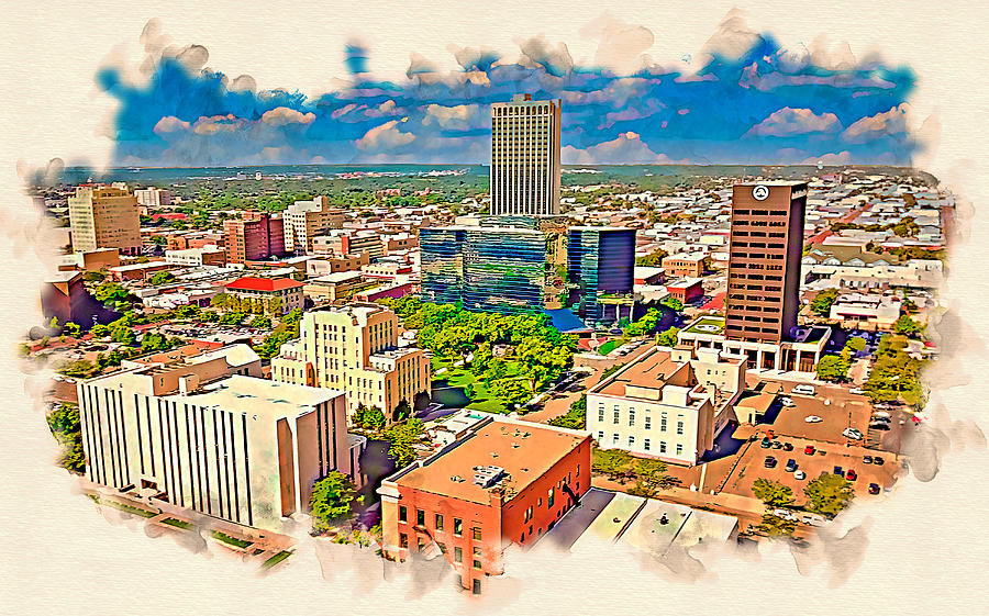 Downtown Amarillo skyline - watercolor painting Digital Art by Nicko Prints