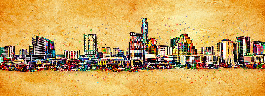Downtown Austin skyline - colorful painting Digital Art by Nicko Prints